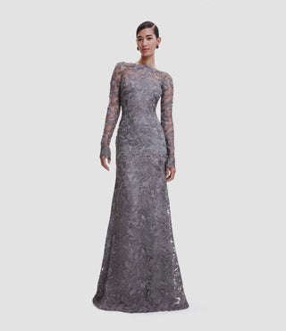 LACE BOAT NECK FIT-AND-FLARE GOWN