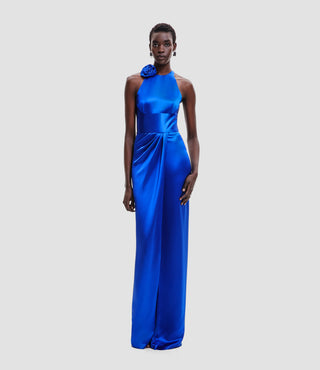SATIN HALTER DRAPED GOWN WITH FLOWER