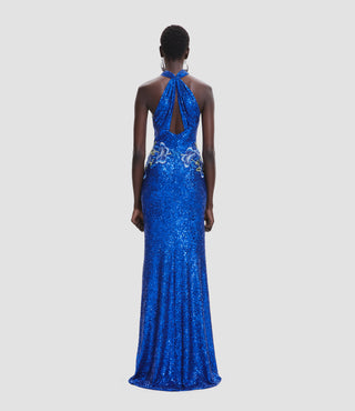 STRETCH SEQUIN CRISS-CROSS NECK GOWN WITH FLORAL APPLIQUE