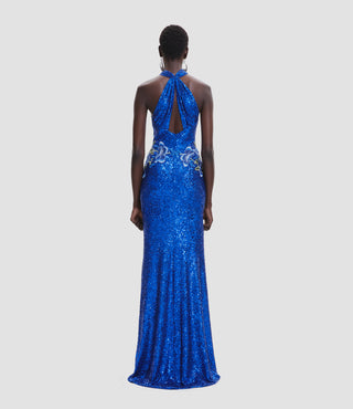 STRETCH SEQUIN CRISS-CROSS NECK GOWN WITH FLORAL APPLIQUE