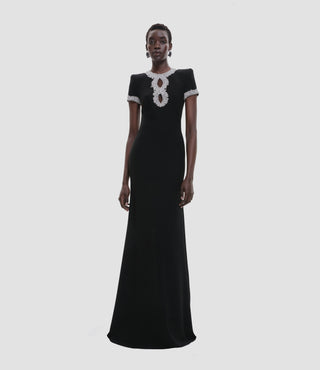 EMBELLISHED NECKLINE FIT-AND-FLARE GOWN WITH CAP SLEEVES