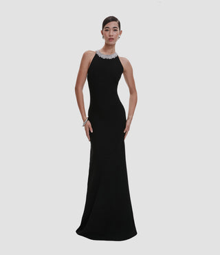 HALTER FIT-AND-FLARE GOWN WITH EMBELLISHED BACK