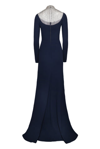 OMBRE BEADED NECKLINE LONG SLEEVE GOWN