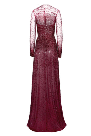 OMBRE BEADED JEWEL NECK LONG SLEEVE GOWN