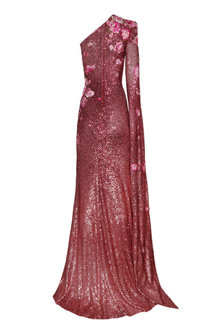 STRETCH SEQUIN ONE SHOULDER CASCADING SLEEVE GOWN