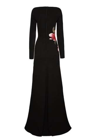 BOAT NECK LONG SLEEVE FIT-AND-FLARE GOWN