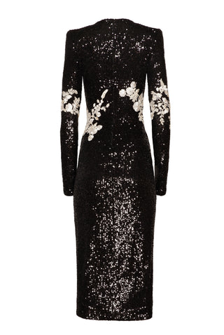 FLORAL APPLIQUE STRETCH SEQUIN LONG SLEEVE DRESS