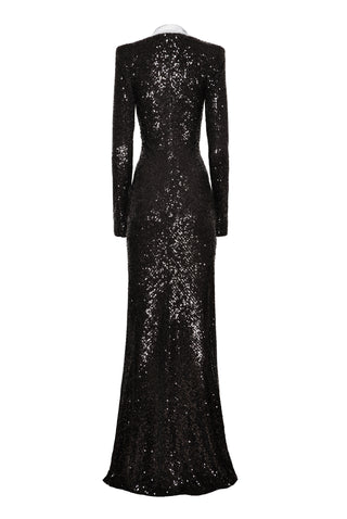 STRETCH SEQUIN LONG SLEEVE COLLARED GOWN