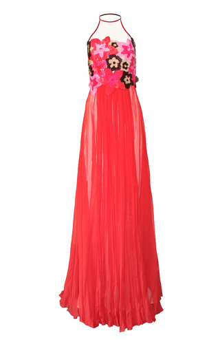 Floral Sequin and Chiffon Halter Neck Gown