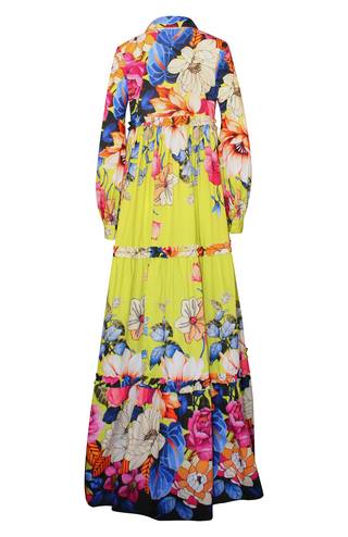 Botanical Print Long Sleeve Tiered Gown