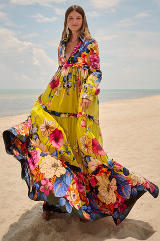 Botanical Print Long Sleeve Tiered Gown