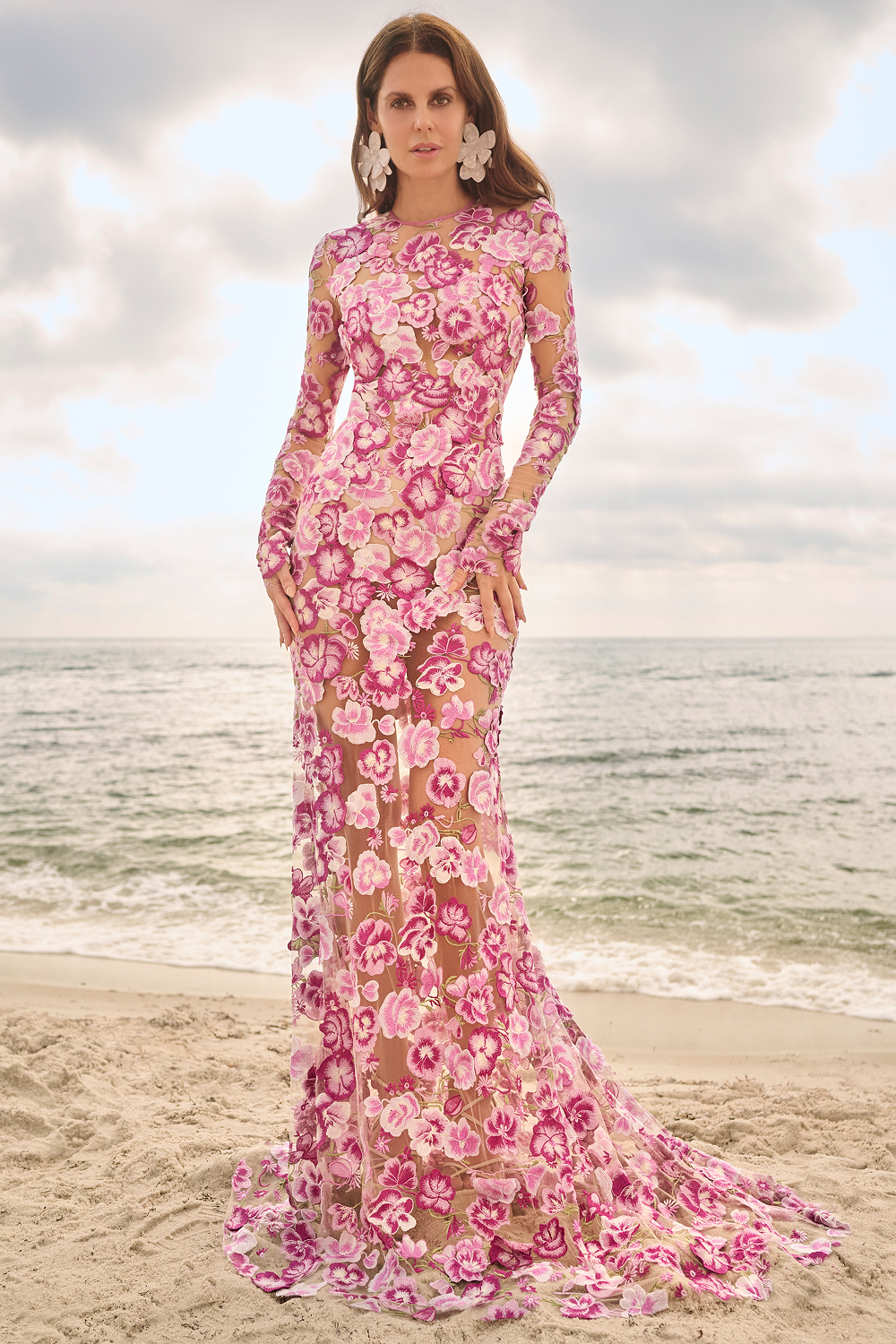Naeem Khan Plunging Petal Bead Embroidered Sleeveless Gown | Neiman Marcus
