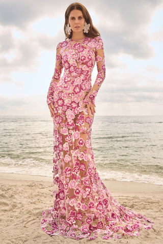 Floral Applique Long Sleeve Fit and Flare Gown