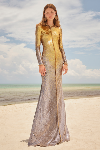 Ombre Stretch Sequin Long Sleeve Gown