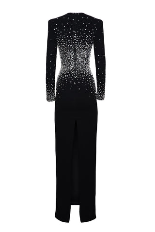 PEARL EMBELLISHED V-NECK LONG SLEEVE COLUMN GOWN