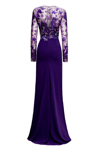 BEADED BODICE JEWEL NECK LONG SLEEVE FIT-AND-FLARE GOWN