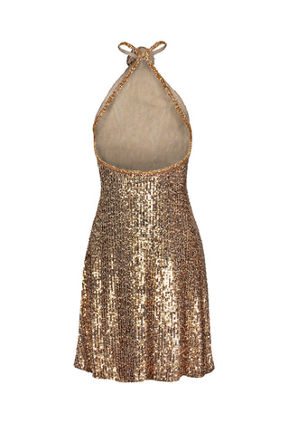 STRETCH SEQUIN HALTER DRESS WITH BEADED TRIM