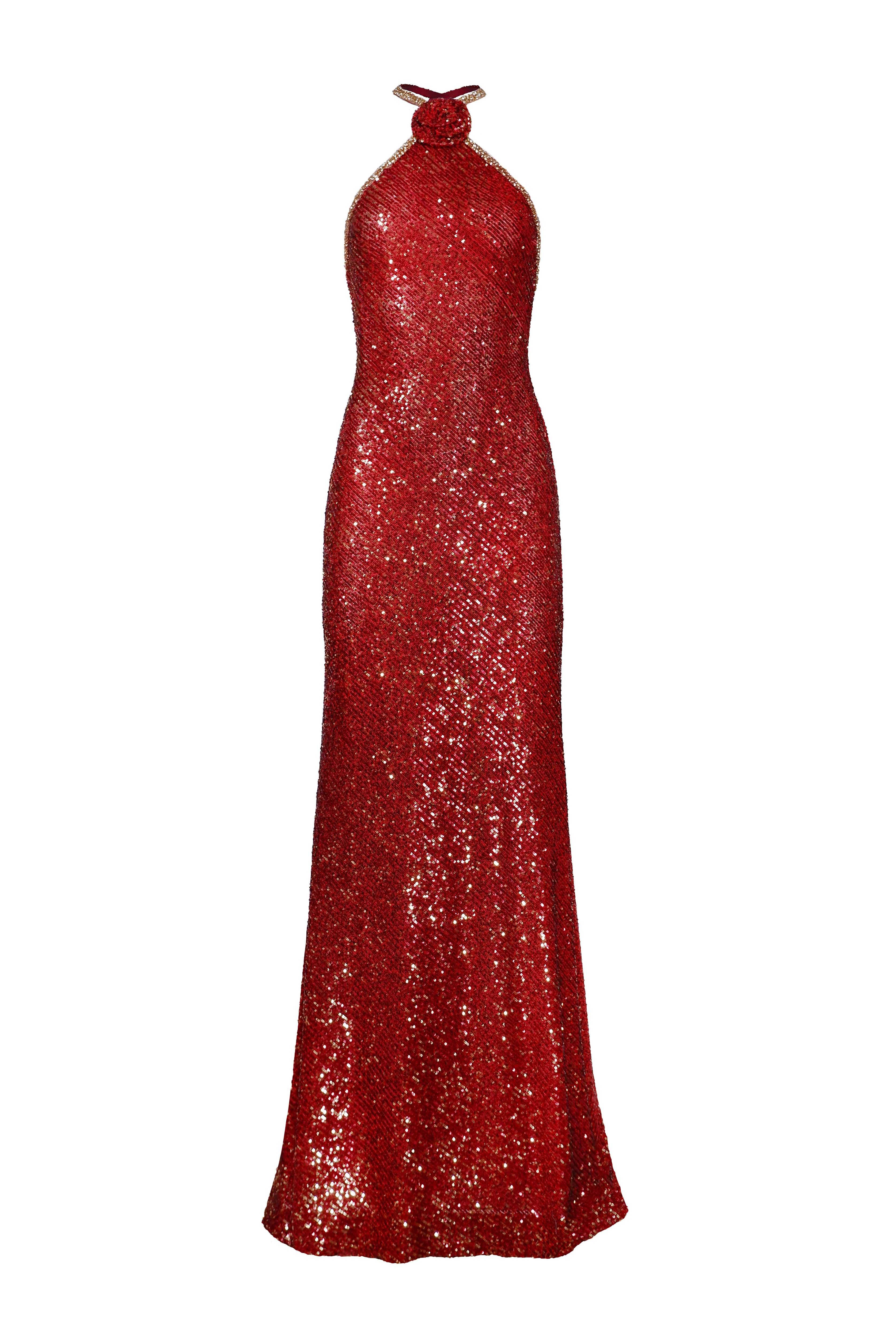 STRETCH SEQUIN HALTER FIT-AND-FLARE GOWN WITH BEADED TRIM Naeem Khan STRETCH SEQUIN HALTER FIT-AND-FLARE GOWN WITH BEADED TRIM Naeem Khan
