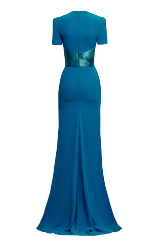 V-NECK FIT-AND-FLARE GOWN WITH BEADED BELT