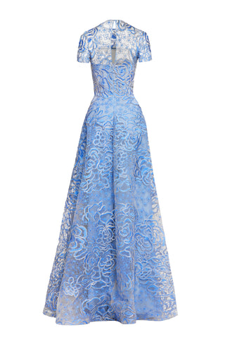 FLORAL RAFFIA JEWEL NECK FULL SKIRT GOWN WITH CAP SLEEVES