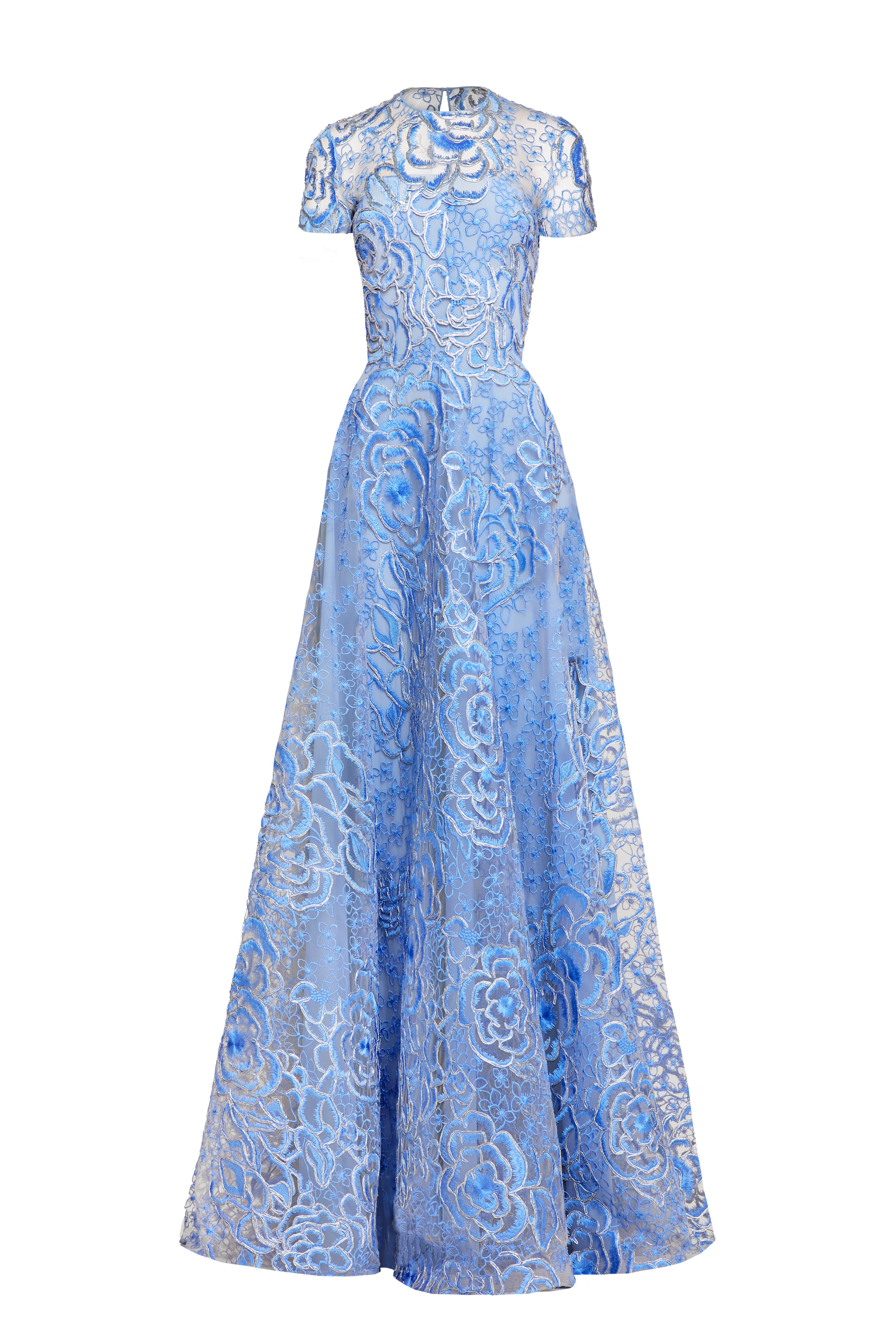 naeem khan floral embroidered dress FLORAL BOATNECK BLOUSON SLEEVE GOWN