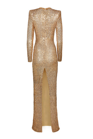 STRETCH SEQUIN V-NECK RUCHED FIT-AND-FLARE GOWN WITH CAP SLEEVES