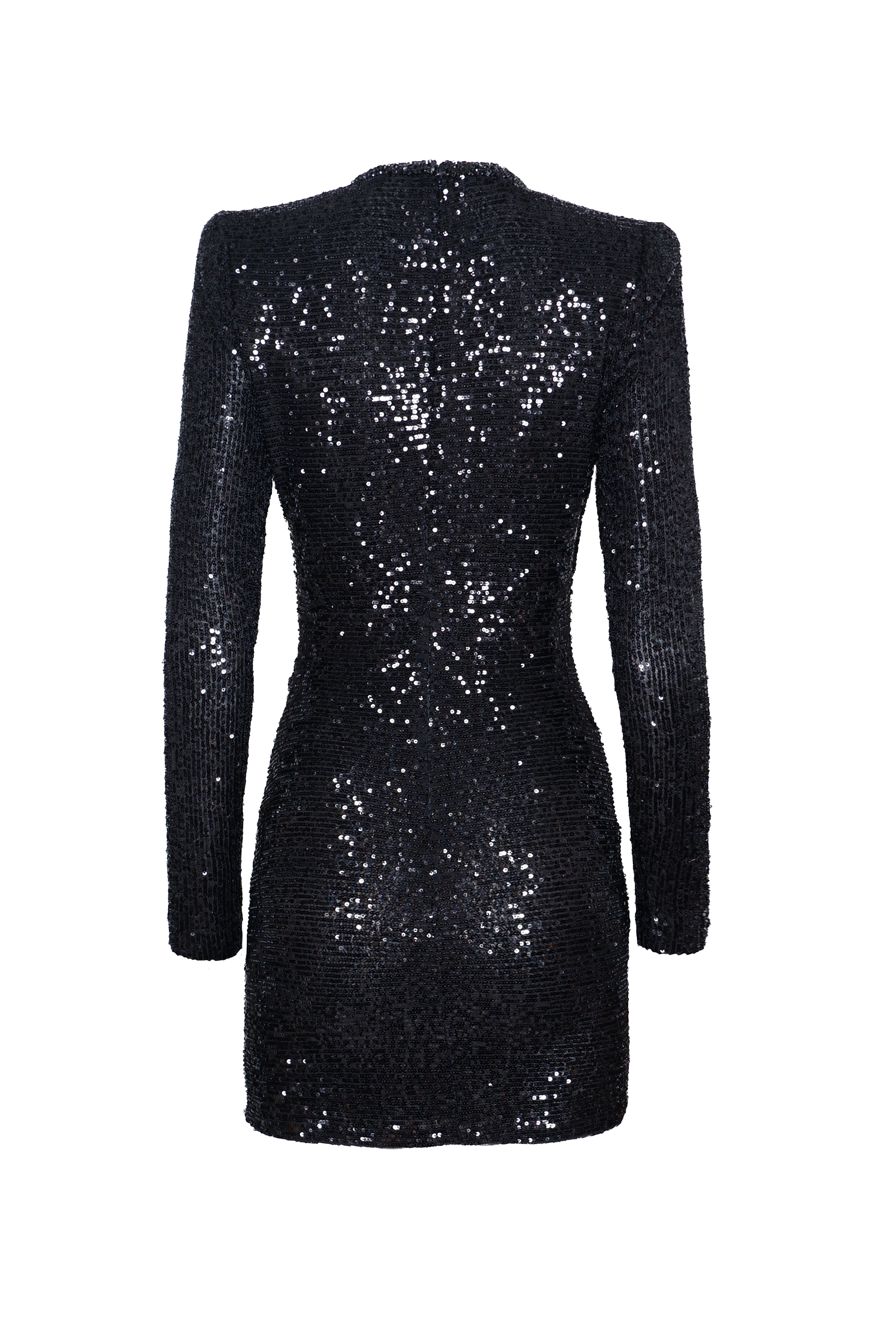 STRETCH SEQUIN V-NECK RUCHED DRESS WITH LONG SLEEVES Naeem Khan STRETCH SEQUIN V-NECK RUCHED DRESS WITH LONG SLEEVES Naeem Khan
