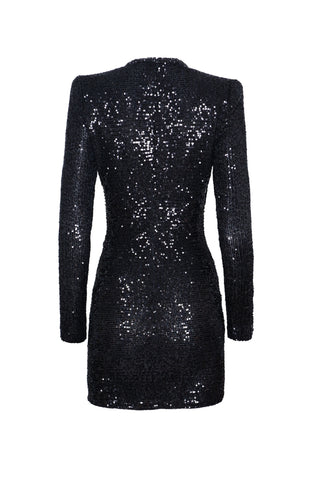 STRETCH SEQUIN V-NECK RUCHED DRESS WITH LONG SLEEVES