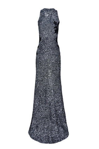 STRETCH SEQUIN HALTER FIT-AND-FLARE GOWN