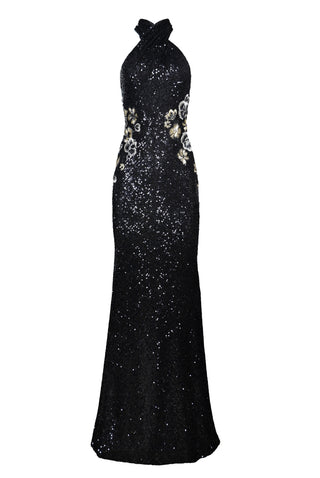 STRETCH SEQUIN CRISS-CROSS NECK FIT-AND-FLARE GOWN