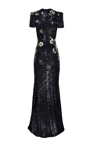 STRETCH SEQUIN JEWEL NECK CAP SLEEVE FIT-AND-FLARE GOWN