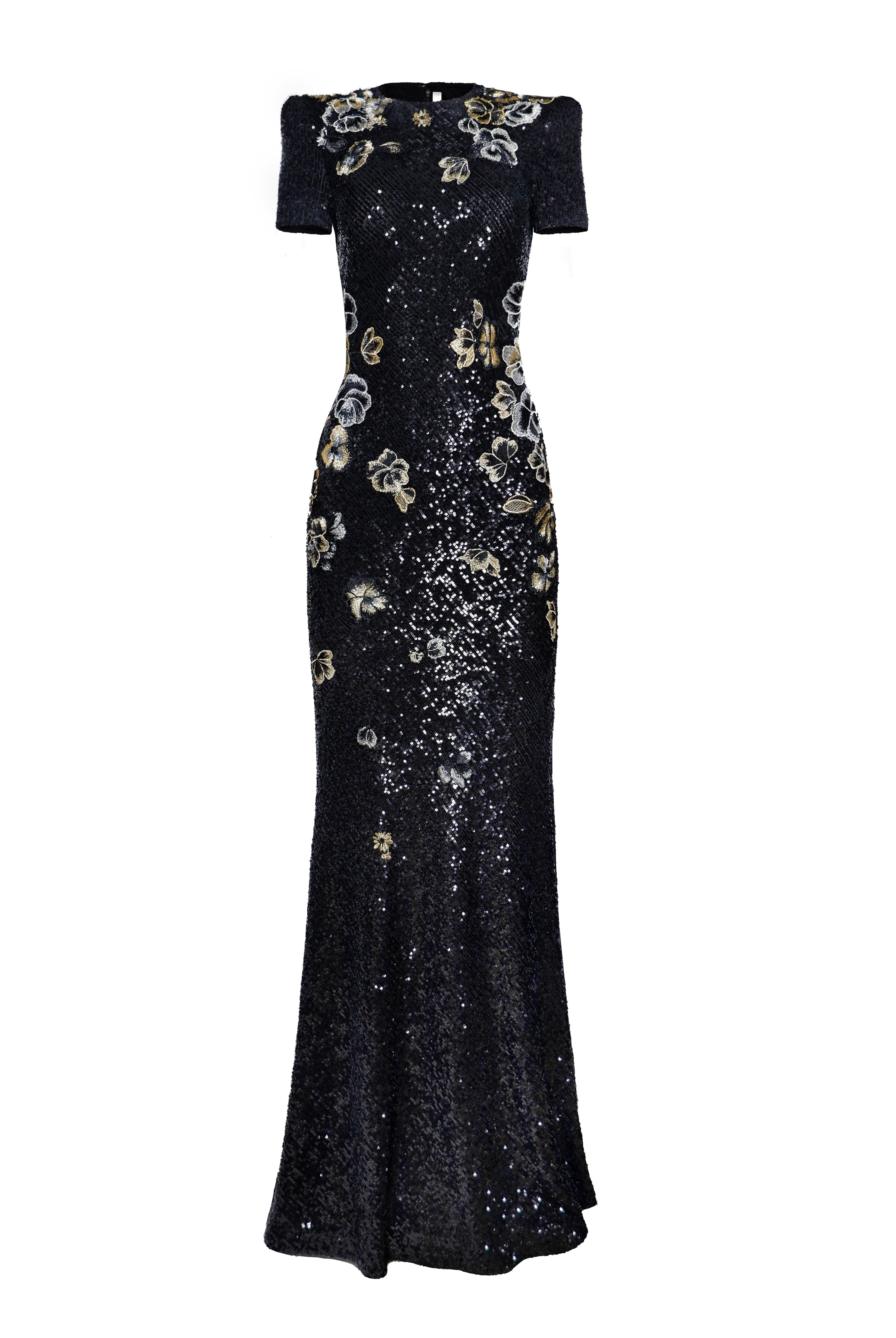 STRETCH SEQUIN JEWEL NECK CAP SLEEVE FIT-AND-FLARE GOWN Naeem Khan STRETCH SEQUIN JEWEL NECK CAP SLEEVE FIT-AND-FLARE GOWN Naeem Khan