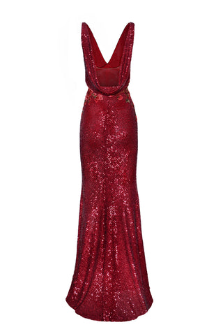 STRETCH SEQUIN V-NECK FIT-AND-FLARE GOWN WITH COWL BACK