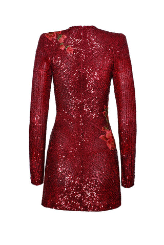 STRETCH SEQUIN JEWEL NECK DRESS WITH LONG SLEEVES