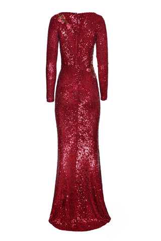 STRETCH SEQUIN BOAT NECK FIT-AND-FLARE GOWN WITH LONG SLEEVES