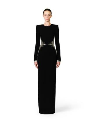 BEADED WAIST LONG SLEEVE COLUMN GOWN