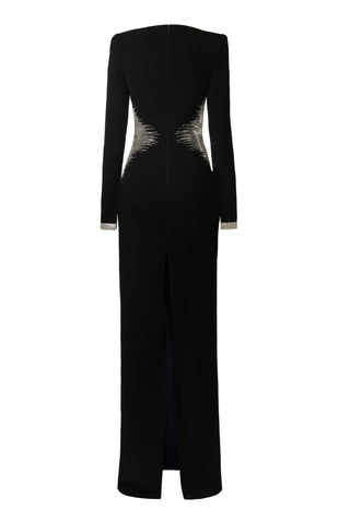 BEADED WAIST LONG SLEEVE COLUMN GOWN