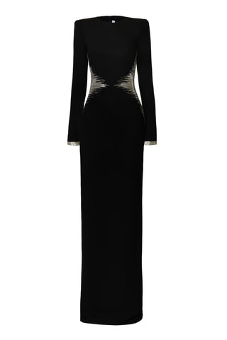 BEADED WAIST LONG SLEEVE COLUMN GOWN