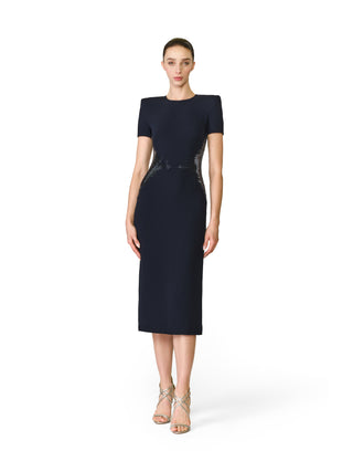 BEADED WAIST CAP SLEEVE COCKTAIL DRESS