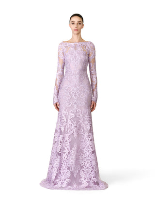 RIBBON LACE BOATNECK FIT-AND-FLARE GOWN