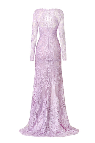 RIBBON LACE BOATNECK FIT-AND-FLARE GOWN