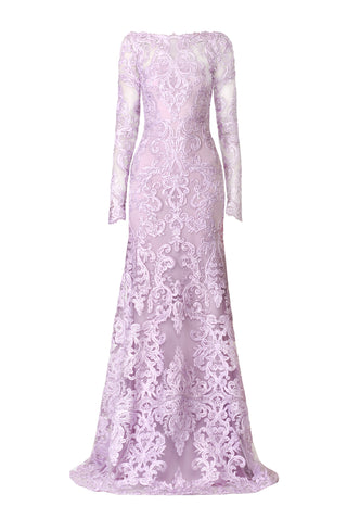 RIBBON LACE BOATNECK FIT-AND-FLARE GOWN