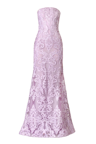 RIBBON LACE STRAPLESS FIT-AND-FLARE GOWN