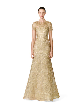 METALLIC RAFFIA CAP SLEEVE FIT-AND-FLARE GOWN