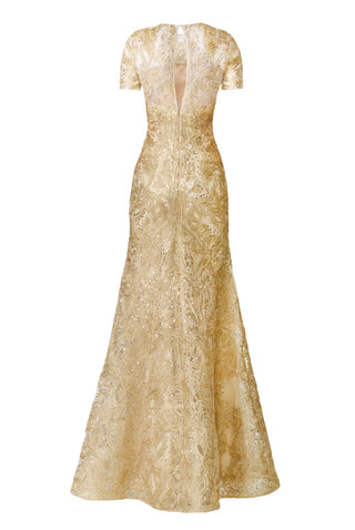 METALLIC RAFFIA CAP SLEEVE FIT-AND-FLARE GOWN