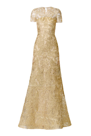 METALLIC RAFFIA CAP SLEEVE FIT-AND-FLARE GOWN