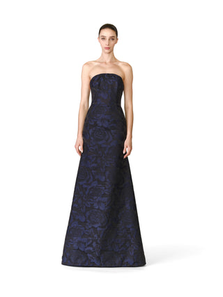 FLORAL JACQUARD STRAPLESS FIT-AND-FLARE GOWN