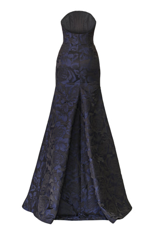 FLORAL JACQUARD STRAPLESS FIT-AND-FLARE GOWN