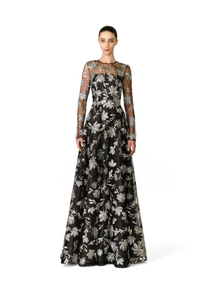 METALLIC FLORAL LONG-SLEEVE GOWN