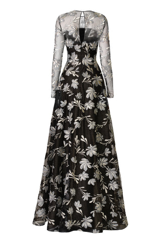 METALLIC FLORAL LONG-SLEEVE GOWN